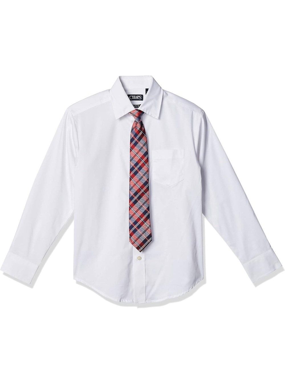 Chaps Boy White Shirt with Red & Blue Plaid Tie - Twin Packed